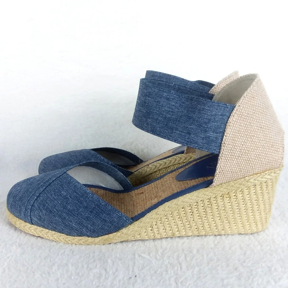 Lauren Ralph Lauren‎ Charla Denim Blue Wedge Sandals Women's 10B Ankle Strap